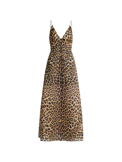 Alberta Ferretti Brown V-neck Sleeveless Long Dress In Animal Print