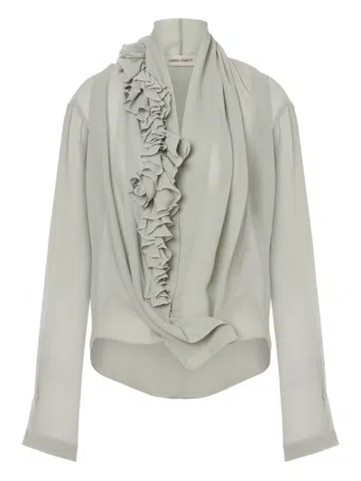 Alberta Ferretti Light Gray Ruffle Blouse With Deep V-neckline In White