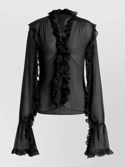 Alberta Ferretti Lightweight Long Sleeve Shirt Ruffle Sheer In Black