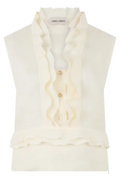 Alberta Ferretti Linen Blouse With Ruffles In Neutral