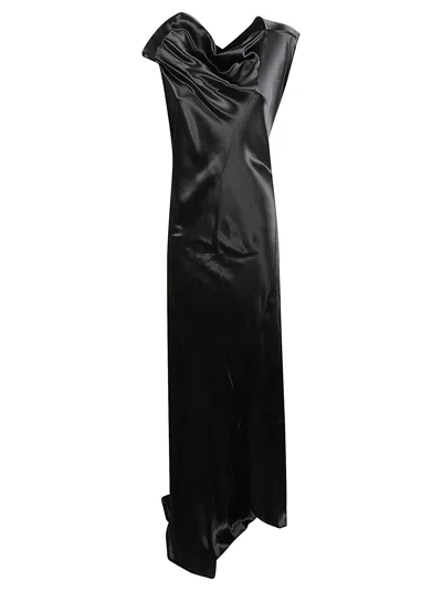 Alberta Ferretti Long Black Satin Dress In Multi