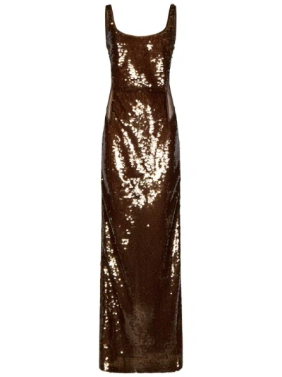 Alberta Ferretti Long Brown Round Sequins-embroidered Dress