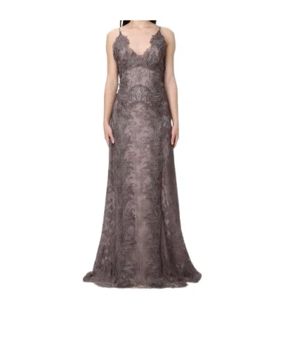 Alberta Ferretti Cotton Blend Lace Long Dress In Gray