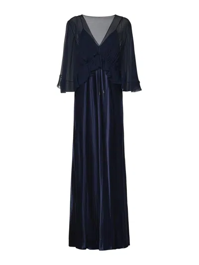 Alberta Ferretti Long Dress In Shiny Satin With A Cape In Blue
