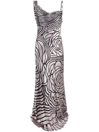 Alberta Ferretti Rose-print Asymmetric Sleeveless Gown In Beige