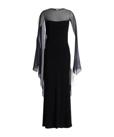 Alberta Ferretti Long Dress With Sheer Chiffon Sleeves In Black