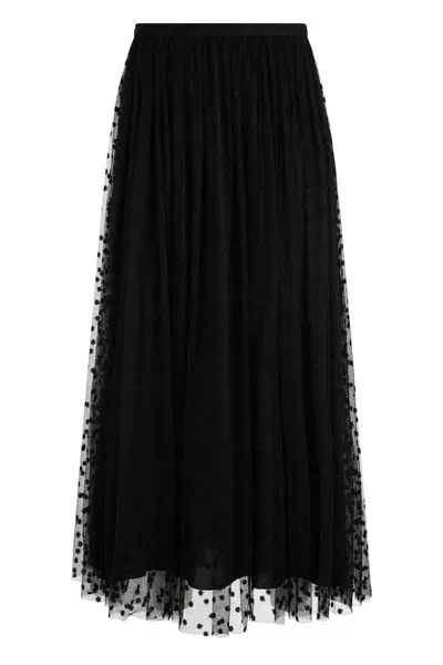 Alberta Ferretti Long Layered Lightweight Skirt With Elastic Waistband In Black