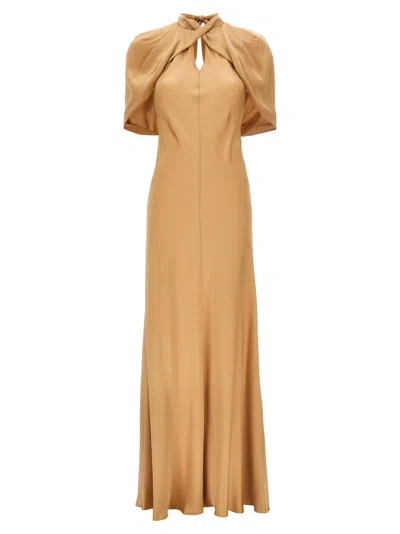Alberta Ferretti Satin Long Dress Draped Sleeves In Brown