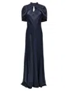 Alberta Ferretti Twisted Cape-sleeve Open-back Satin Gown In Blue