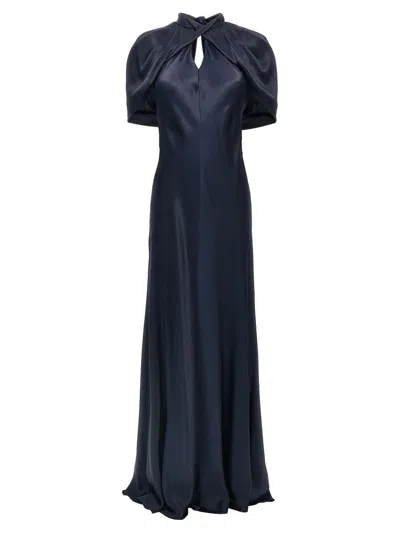 Alberta Ferretti Twisted Cape-sleeve Open-back Satin Gown In Dark Blue