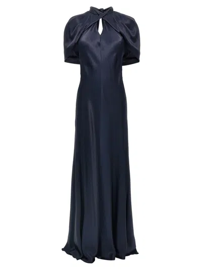 Alberta Ferretti Satin Long Dress Draped Sleeves