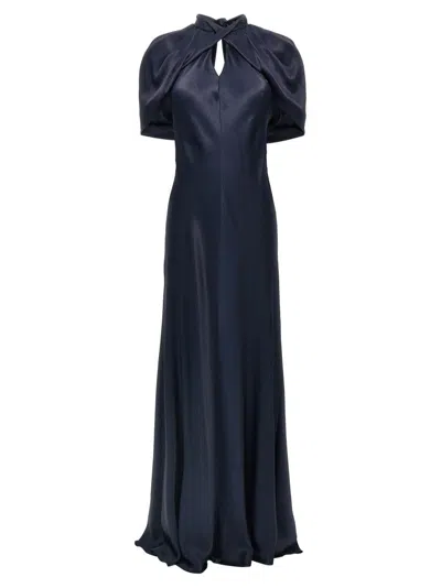 Alberta Ferretti Satin Long Dress Draped Sleeves