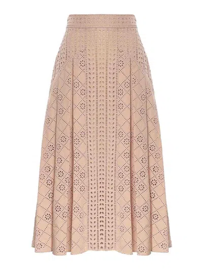 Alberta Ferretti Long Skirt In Broderie Anglaise In Nude