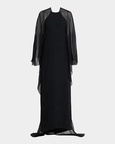 Alberta Ferretti Long-sleeve Chiffon Cape Backless Maxi Dress In Black