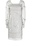 Alberta Ferretti Long-sleeve Macramé-lace Minidress In Grey