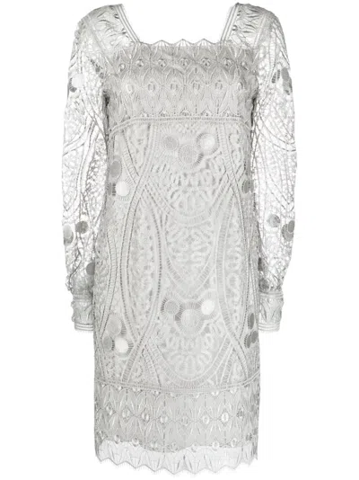 Alberta Ferretti Long-sleeve Macramé-lace Minidress In Grey