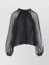 Alberta Ferretti Long Sleeve Sheer Blouse With Ruffles And Flowers In Black