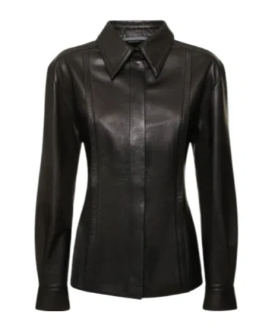 Alberta Ferretti Long-sleeved Lapel Leather Shirt In Black