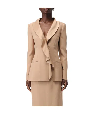 Alberta Ferretti Long-sleeved Suit Jacket With Lotus Leaf Edge In Beige