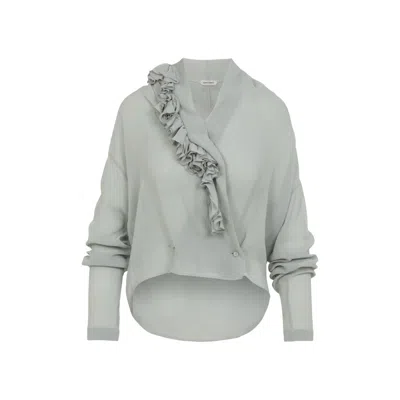 Alberta Ferretti Loose-fitting Grey Shirt With Ruffled Trim In Gray