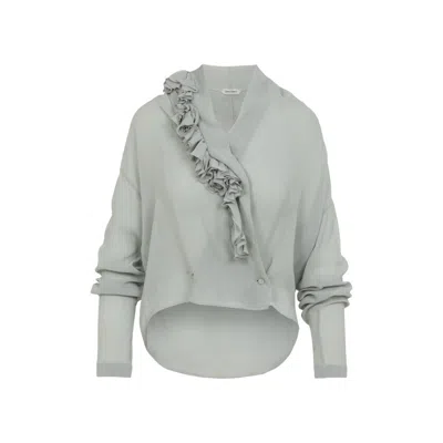 Alberta Ferretti Light Gray Ruffle Blouse With Deep V-neckline In White