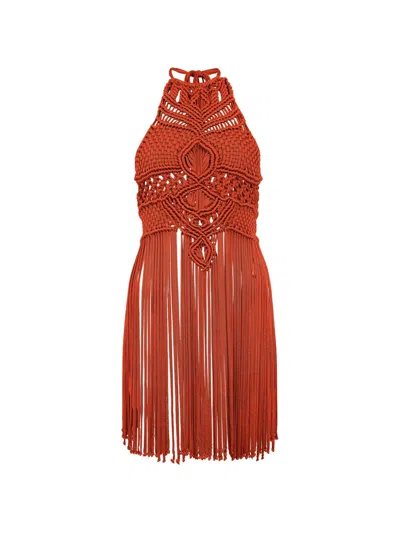 Alberta Ferretti Macramé Fringe Mini Dress In Orange