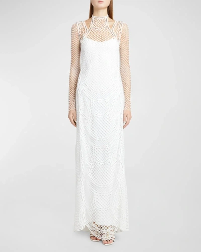 Alberta Ferretti Macrame Halter Long-sleeve Gown In White
