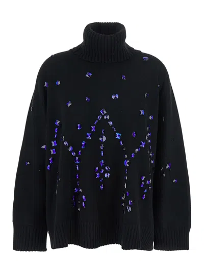 ALBERTA FERRETTI BLACK HIGH-NECK JUMPER WITH ALL-OVER CRYSTALS EMBELLISHMENT IN WOOL AND SILK BLEND WOMAN