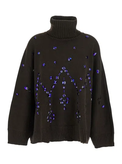 ALBERTA FERRETTI BROWN HIGH-NECK JUMPER WITH ALL-OVER CRYSTALS EMBELLISHMENT IN WOOL AND SILK BLEND WOMAN