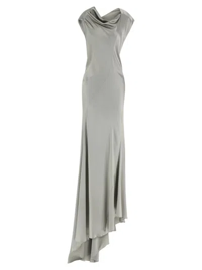 Alberta Ferretti Draped Satin Dress Asymmetric Neckline In Gray