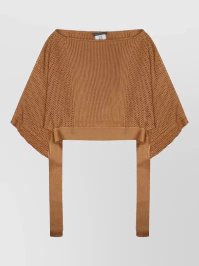 Alberta Ferretti Mesh Knit Poncho Sweater Cropped Tie In Brown