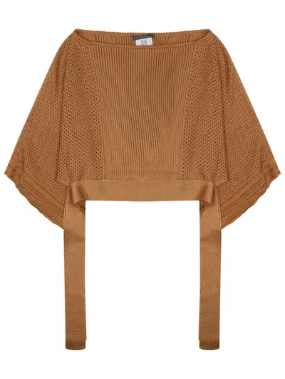Alberta Ferretti Mesh Knitted Poncho Sweater In Brown