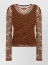 Alberta Ferretti Mesh Top With Long Sleeves And Round Neck In Brown
