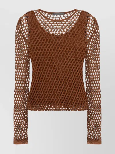 Alberta Ferretti Mesh Top With Long Sleeves And Round Neck In Brown