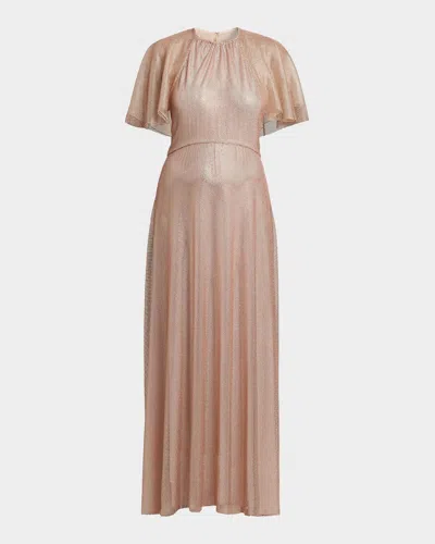 Alberta Ferretti Micro-rhinestone Mesh Capelet Evening Dress In Neutral