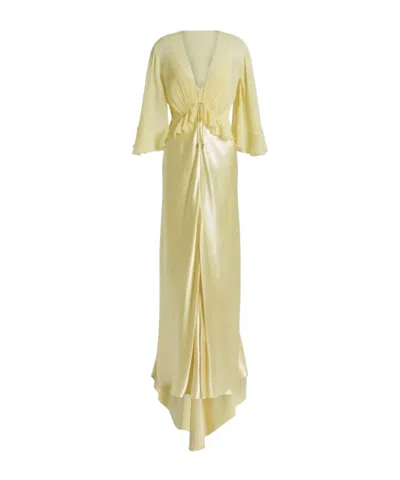 Alberta Ferretti Shiny Satin Long Dress With Cape In Yellow
