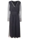 Alberta Ferretti Midi Dress With Deep V-neckline And Sheer Sleeves In Black