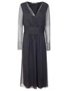 Alberta Ferretti Midi Dress With Deep V-neckline And Sheer Sleeves In Black