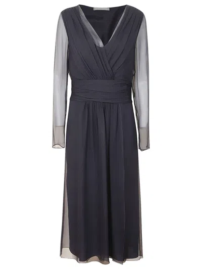 ALBERTA FERRETTI MIDI DRESS WITH DEEP V-NECKLINE AND SHEER SLEEVES