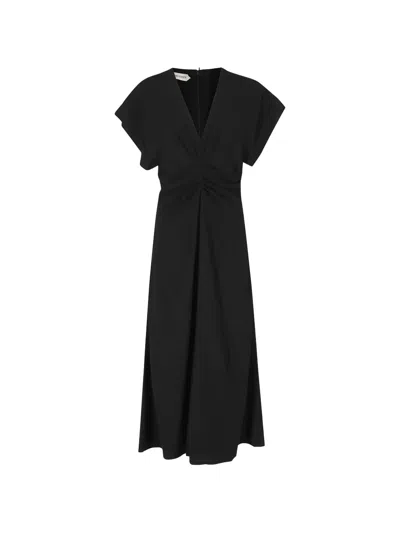 Alberta Ferretti Midi Gathered-detail V-neck Dress In Black
