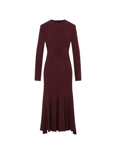 Alberta Ferretti Red Enver Satin Draped Waistband Long Sleeve Viscose Dress In Burgundy