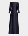 Alberta Ferretti Mikado Silk 3/4-sleeve A-line Gown In Blue