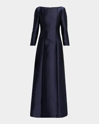 Alberta Ferretti Mikado Silk 3/4-sleeve A-line Gown In Blue