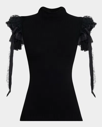 ALBERTA FERRETTI MOCK-NECK RUFFLE-SHOULDER CASHMERE-WOOL RIB TANK TOP