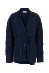 Alberta Ferretti V-neck Cashmere And Silk Blend Cardigan With Crystal Embroidery In Blue