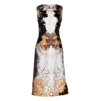 Pre-owned Alberta Ferretti New  Bronze Metallic Jacquard Dress With Application It. 44 Us 8 In Sand