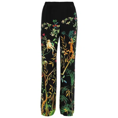 Pre-owned Alberta Ferretti New  Jungle Printed Black Silk Wide-leg Pants It. 44