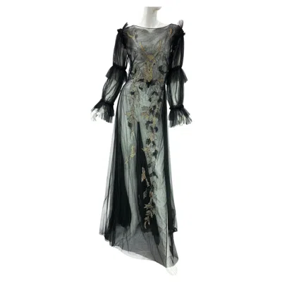 Pre-owned Alberta Ferretti Nwt  Pf 2018 Black Tulle Gown With Metallic Embroidery It. 44