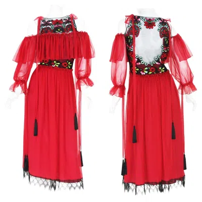 Pre-owned Alberta Ferretti Nwt  Red Silk Beaded Tassel Lace Long Dress Italian 42