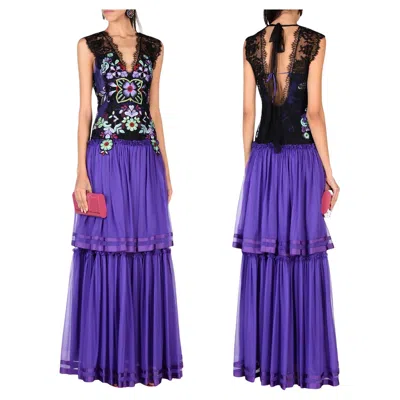 Pre-owned Alberta Ferretti Nwt  Ss 2017 Collection Beaded Embroidered Lace Silk Gown 44 42 In Purple